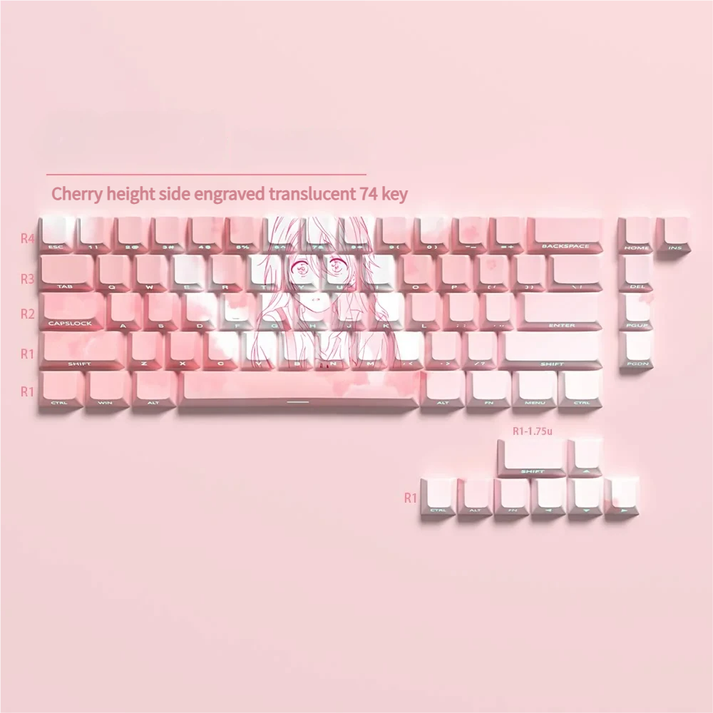 A gallery of Kaori Miyazono PBT side-printed translucent keycaps set from various angles, showcasing vibrant anime art and elegant design for mechanical keyboard.