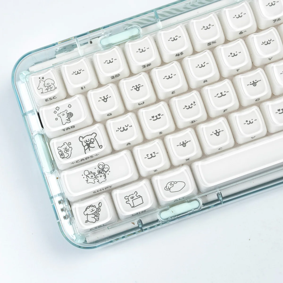 Playful Maltese Dog ceramic feel keycap set, showcasing its translucent jelly aesthetic, smooth finish, and side-engraved details.
