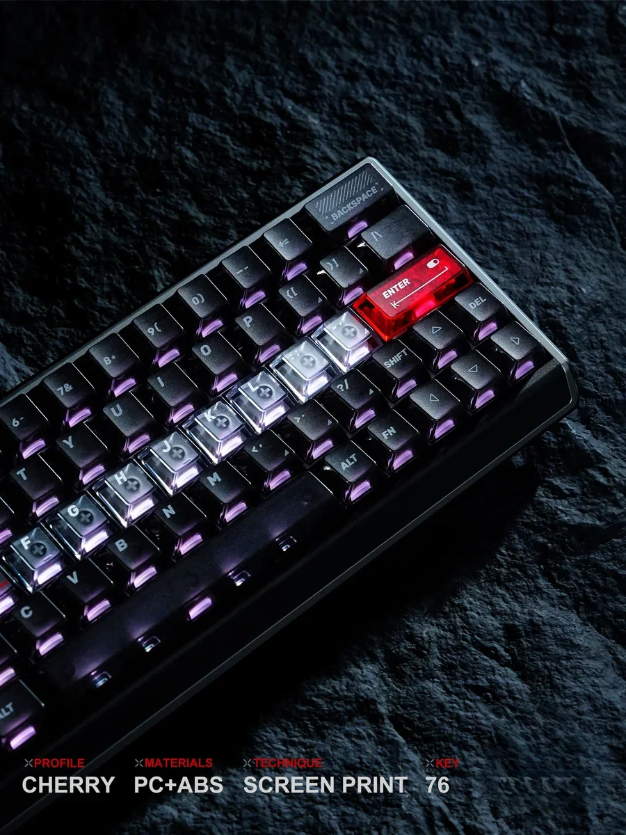 Artistic product gallery of the Skyline Cherry Keycap Set, highlighting the unique backlit ABS 76-keycaps with whimsical bee and urban skyline designs.