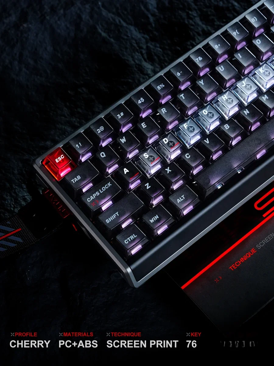 Gallery of the artistic Skyline Cherry 76-keycap set. Backlit ABS keycaps showcase unique whimsical bee and urban skyline designs from various angles.