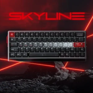 Artistic Skyline Cherry Keycap Set, displaying whimsical bee motifs, urban skyline patterns, and vibrant backlit ABS keys for a unique look.