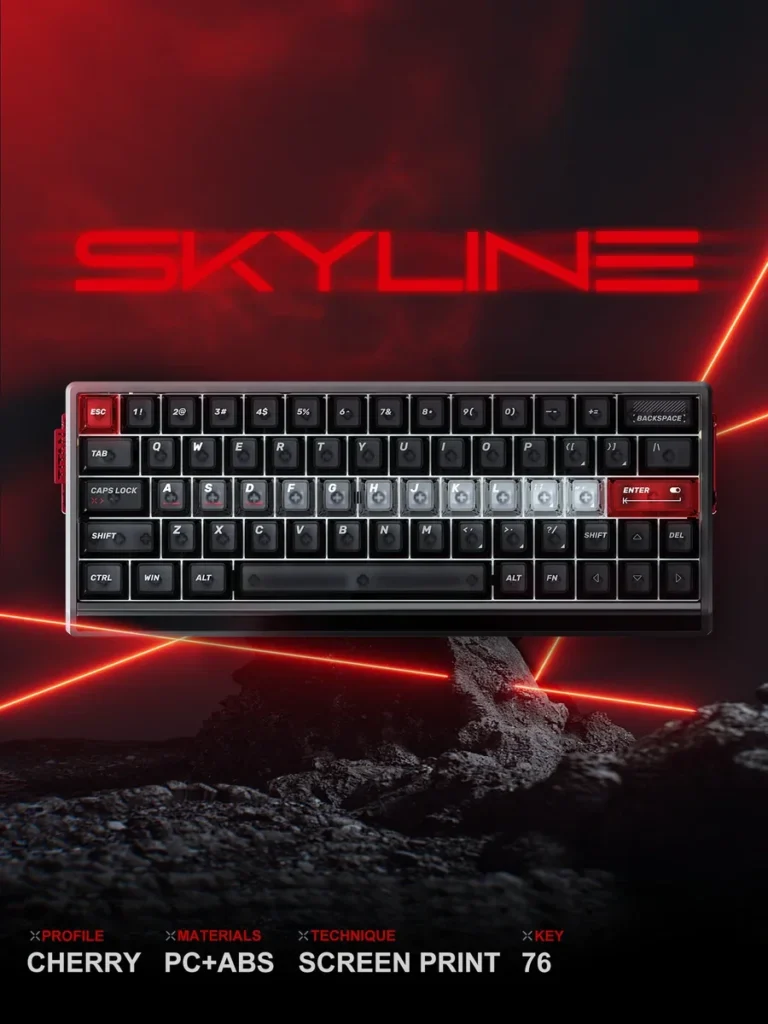 Artistic Skyline Cherry Keycap Set, displaying whimsical bee motifs, urban skyline patterns, and vibrant backlit ABS keys for a unique look.