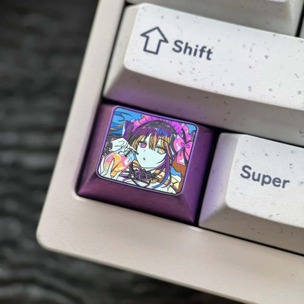 Gallery view of the premium Kurumi Tokisaki titanium keycap, featuring vibrant Date A Live anime art and durable metallic craftsmanship from multiple angles.