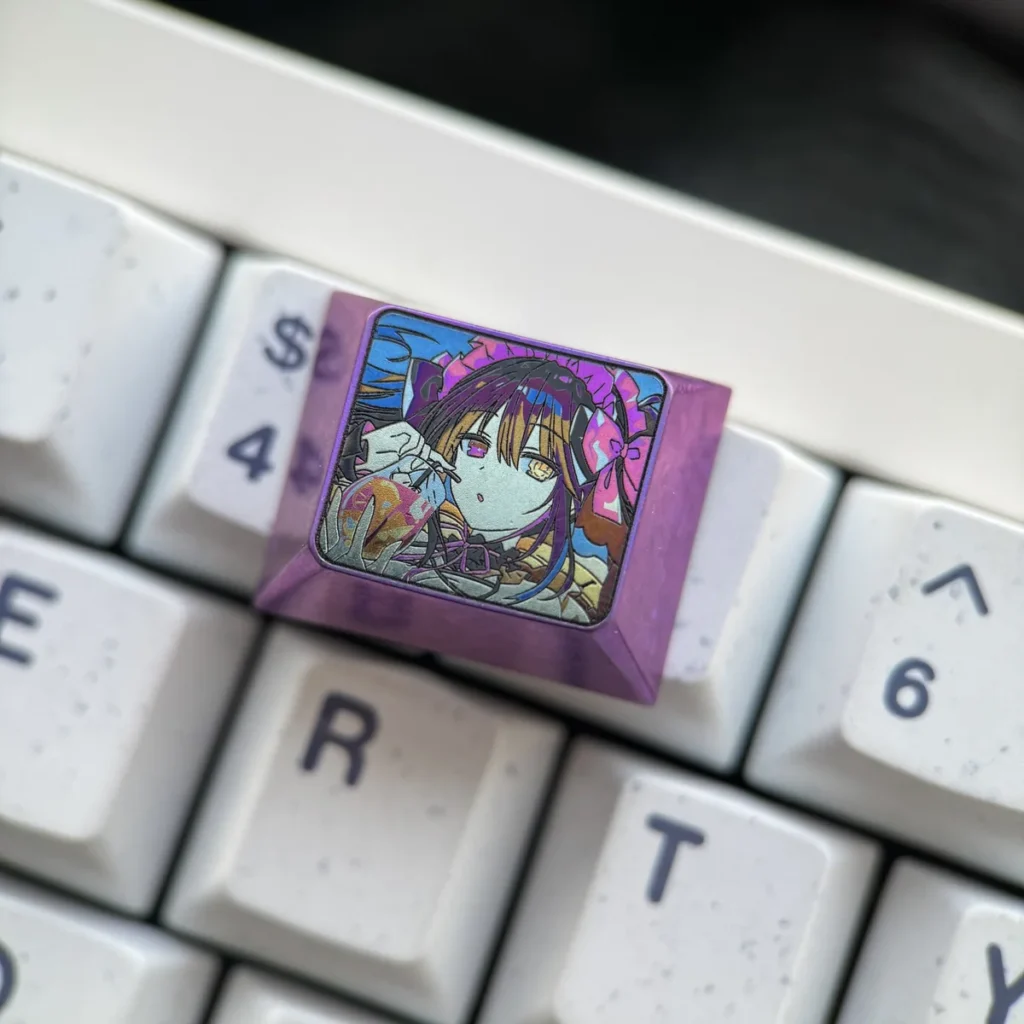 Gallery of the iconic Kurumi Tokisaki Titanium keycap from Date A Live, highlighting its vibrant anime art and premium metallic durability.