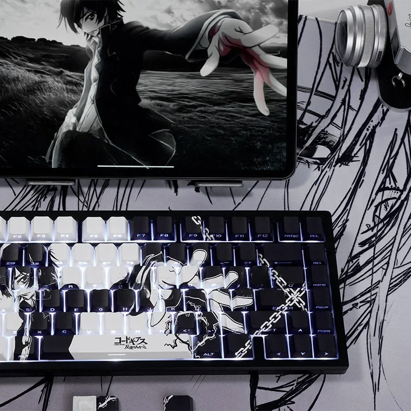 Premium Lelouch Code Geass keycaps set with vibrant backlit PBT side legends. Dark, strategic design featuring iconic symbols and commanding red accents.