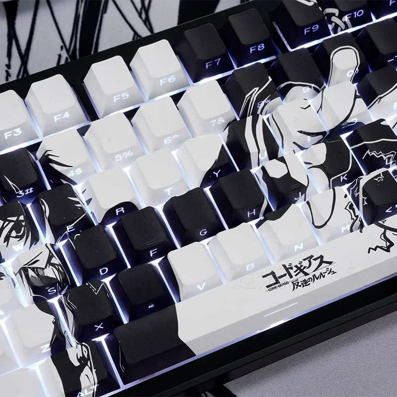 Premium Lelouch Keycap Set with backlit PBT side legends, featuring dark Code Geass symbols and strategic red accents.
