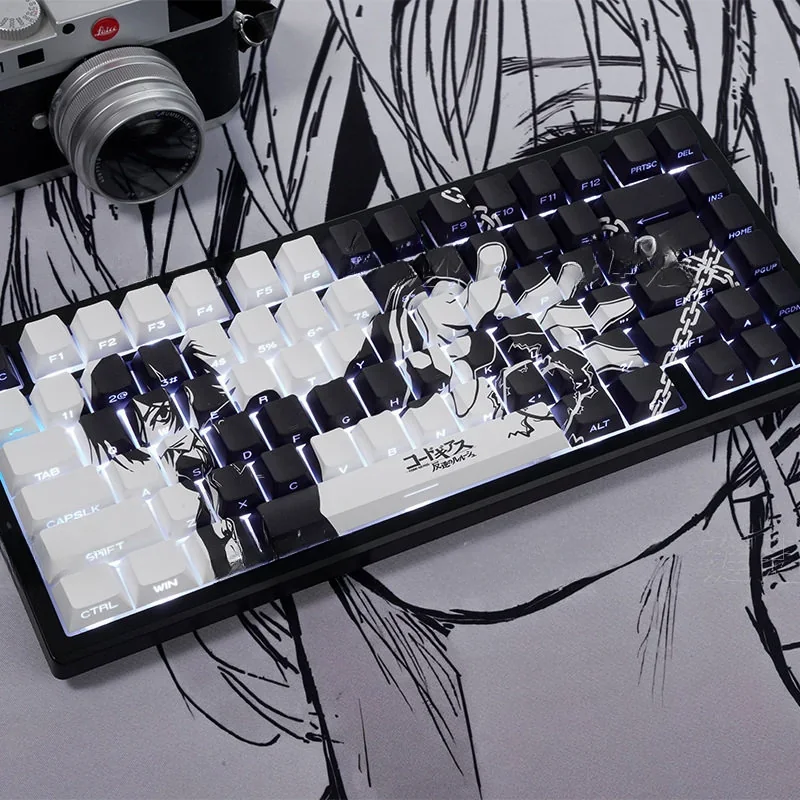 Lelouch Keycap Set featuring backlit PBT side legends, showcasing the dark, strategic Code Geass aesthetic with iconic symbols and commanding red accent.