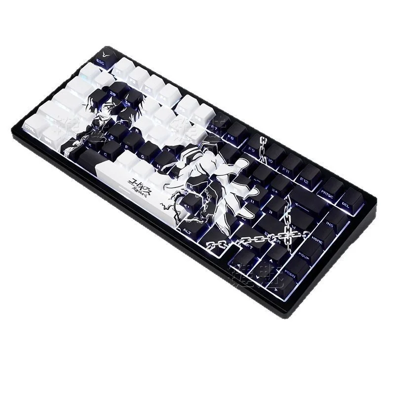 Lelouch Keycap Set gallery showcasing backlit PBT side legends from multiple angles, highlighting the strategic Code Geass dark theme with red accents.