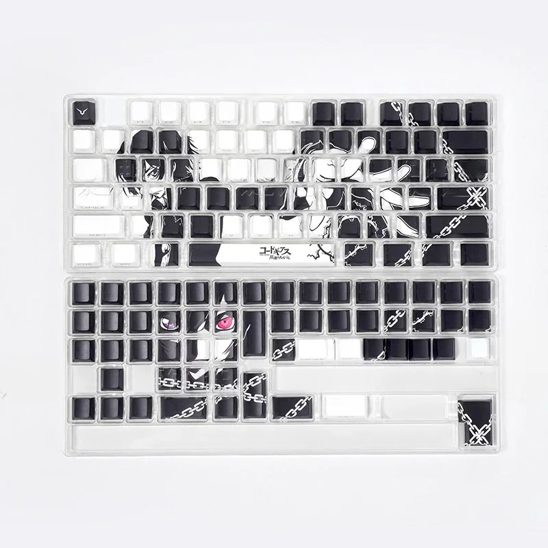 Lelouch Code Geass PBT keycap set, viewed from multiple angles, highlighting sharp side legends and the premium backlit effect.
