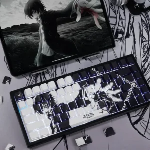 Lelouch Keycap Set: Backlit PBT side-printed Code Geass keycaps. Dark, strategic aesthetic with iconic symbols and commanding red accents. Premium quality.