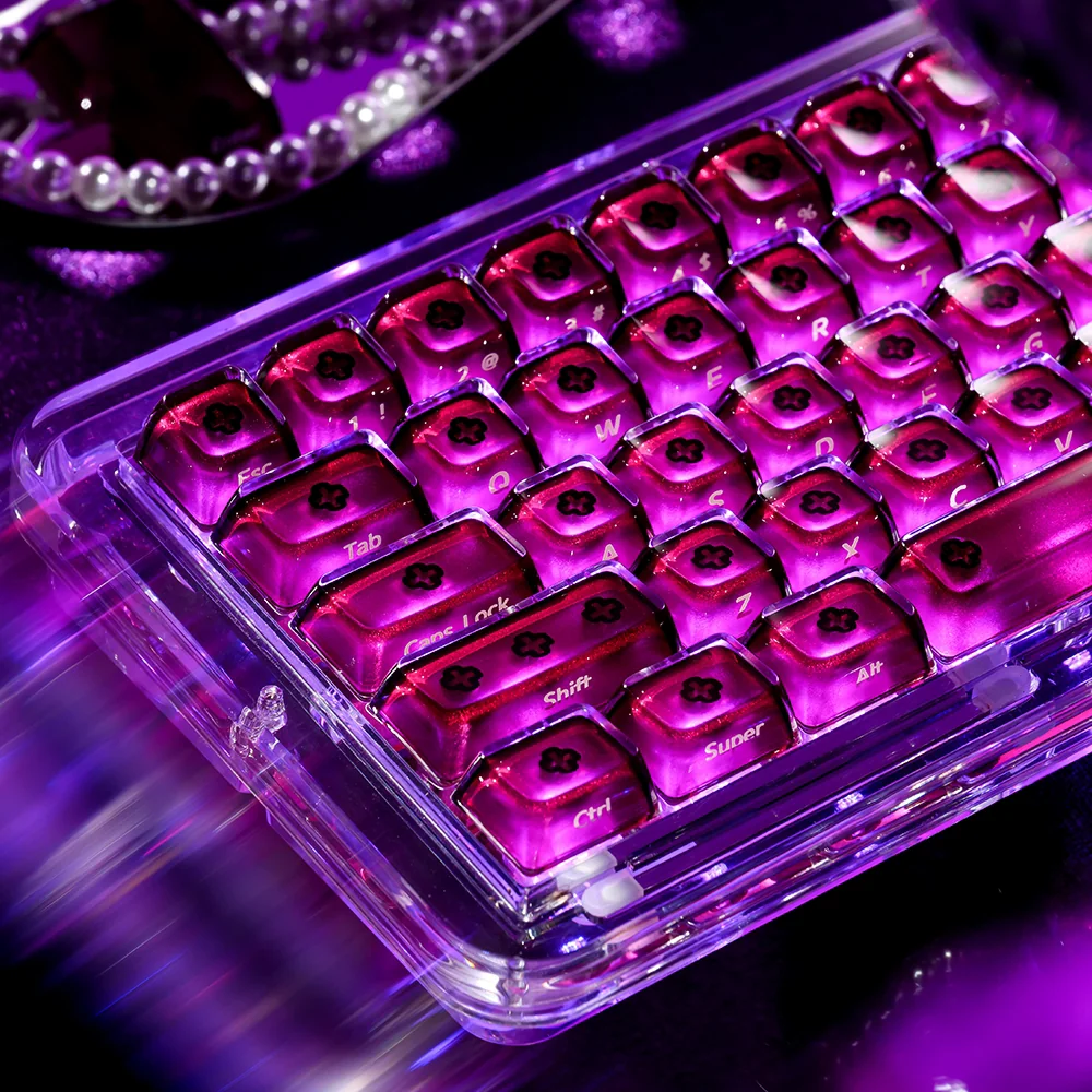 MDA profile translucent keycaps from multiple angles, highlighting crystal-clear PC and brilliant side-lit effects on a custom keyboard.