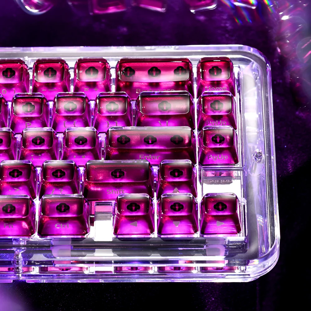 Ice purple PC gaming keycaps, displaying their unique MDA profile and stunning side-lit illumination from different perspectives.