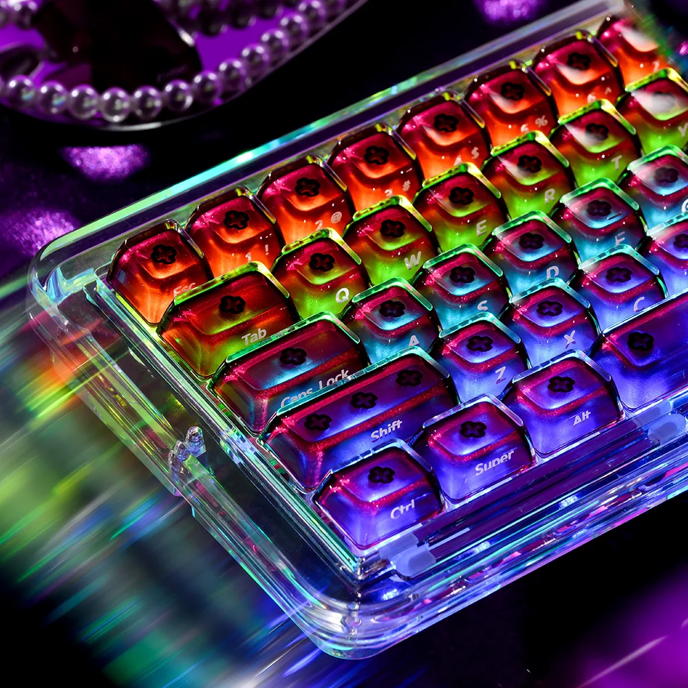 Full set of crystal-clear PC MDA keyboard caps in luminous ice purple, showcasing modern design and glow-through RGB compatibility.