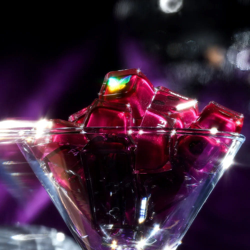 Custom purple MDA keycaps from various angles, emphasizing the crystal-clear PC material and luminous side-lit glow for a modern setup.