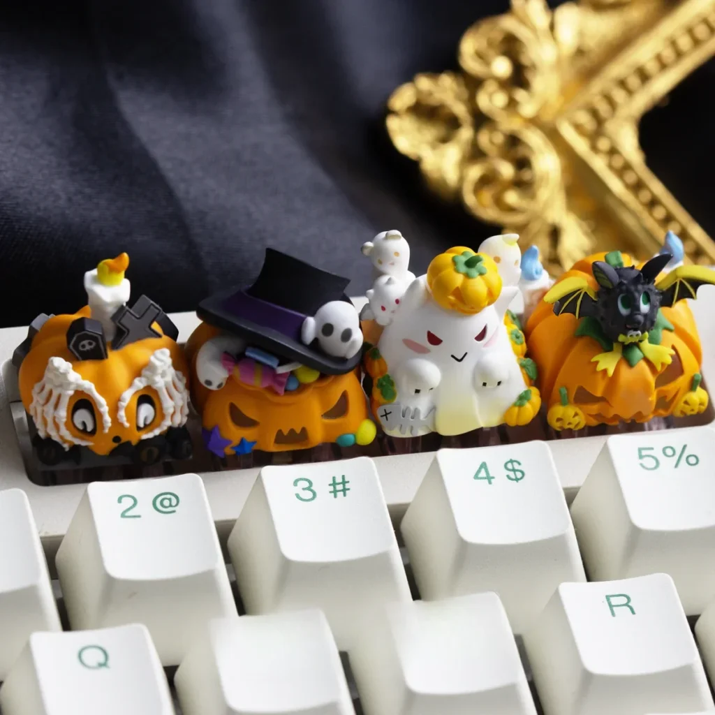 A charming, handcrafted luminous resin Halloween ESC keycap featuring detailed pumpkin designs, glowing beautifully in translucent orange, perfect for festive celebration.