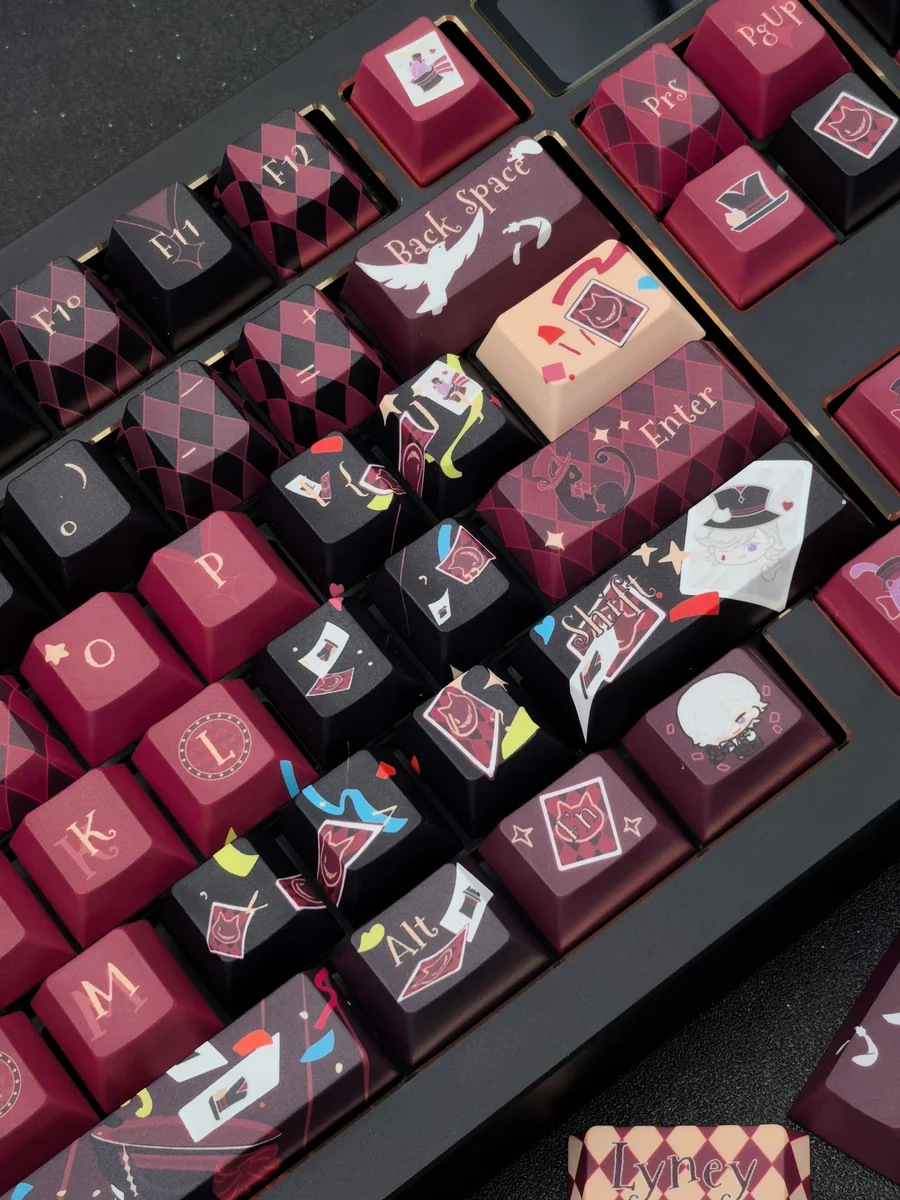 Close-up views of the exclusive Lyney's Magic Genshin Impact artisan keycap set, showcasing intricate character details, vibrant fantasy colors, and premium setup.