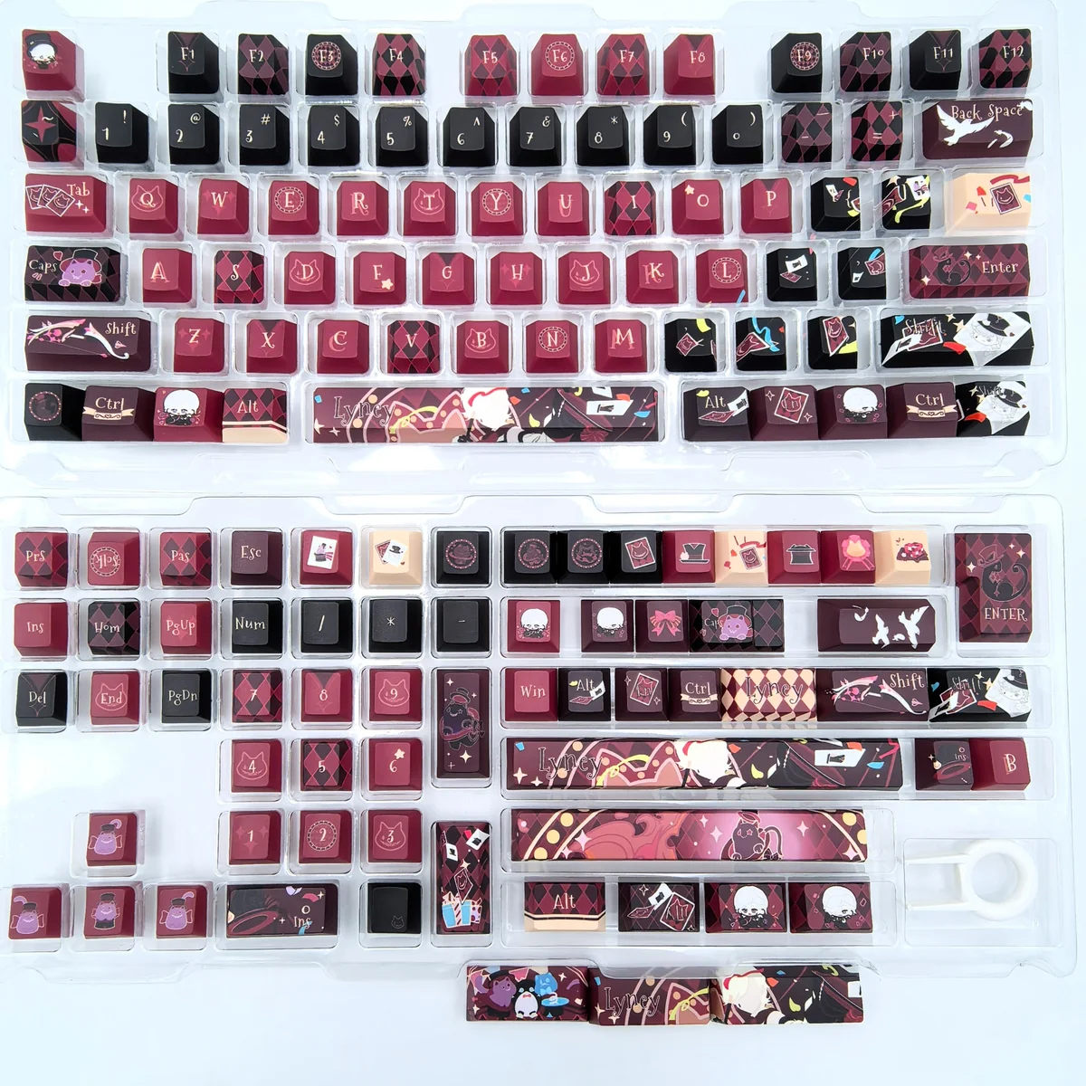 Exclusive Genshin Impact Lyney artisan keycap set, detailed views from various angles, capturing vibrant fantasy colors and enchanting magician artistry.