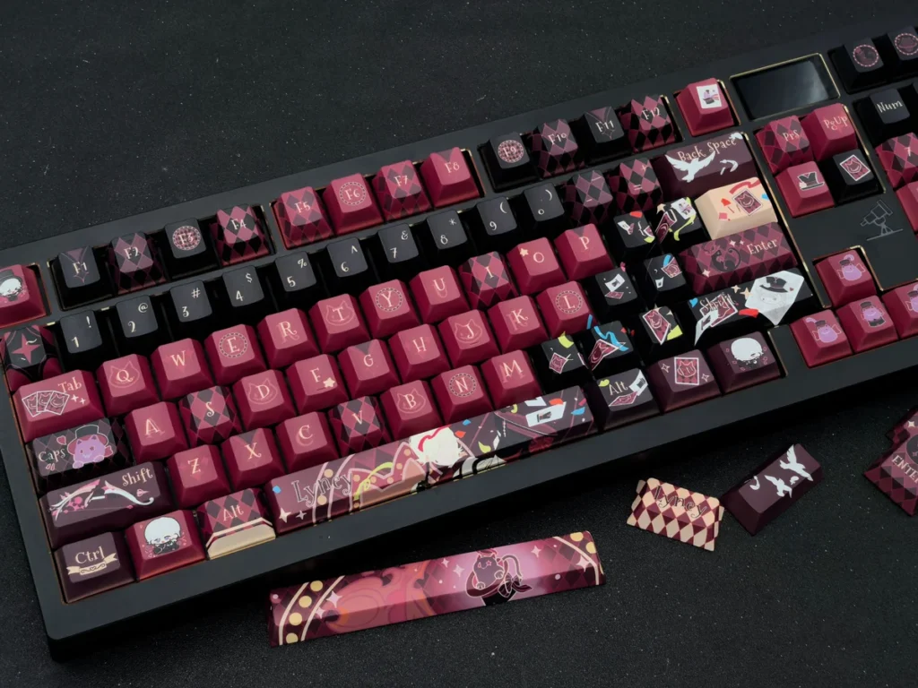 Premium Lyney Genshin Impact artisan keycap set, an exclusive piece with enchanting magician aesthetic and vibrant, intricate character details.