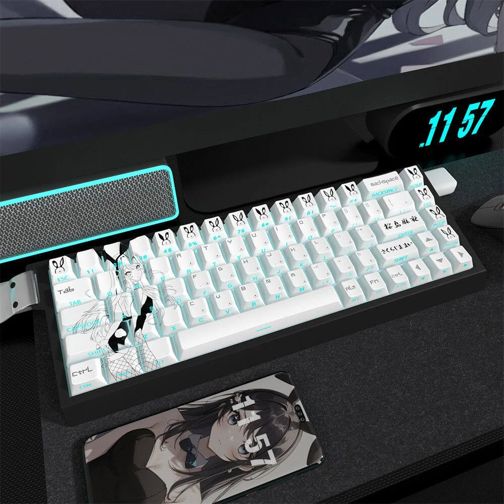 Mai Sakurajima anime PBT side-print translucent keycaps set, showcasing intricate character art and vibrant RGB compatibility from multiple angles.