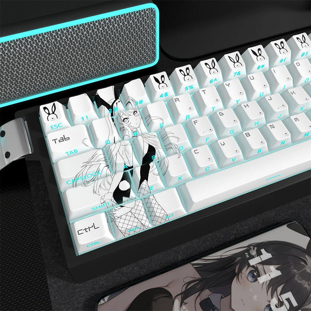 Mai Sakurajima PBT side-print translucent keycaps set gallery, featuring detailed anime art and sleek legends from multiple angles, illuminated by vibrant design.