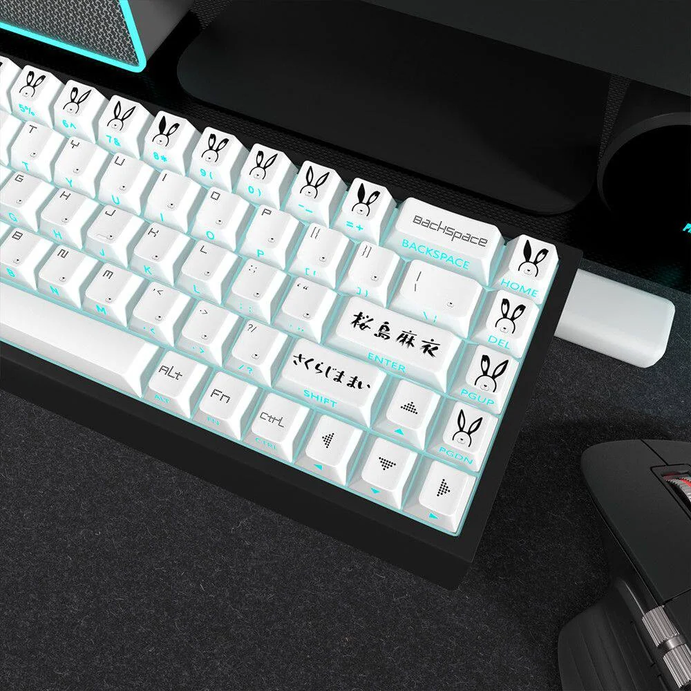 Artistic shot of Mai Sakurajima PBT side-print translucent keycaps set, revealing crisp anime legends and vibrant RGB backlight compatibility.