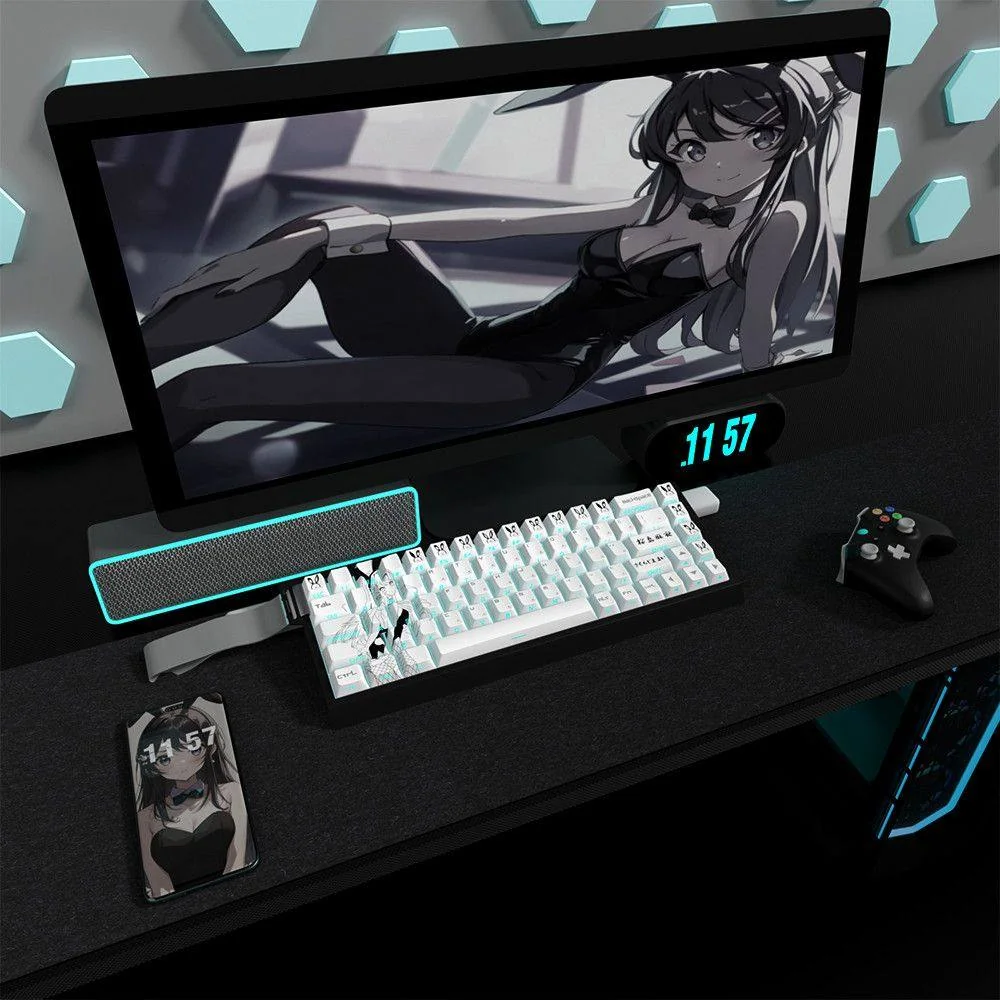 Mai Sakurajima PBT side-print translucent keycaps set gallery, revealing anime art, sleek legends, and RGB brilliance from various artistic perspectives.