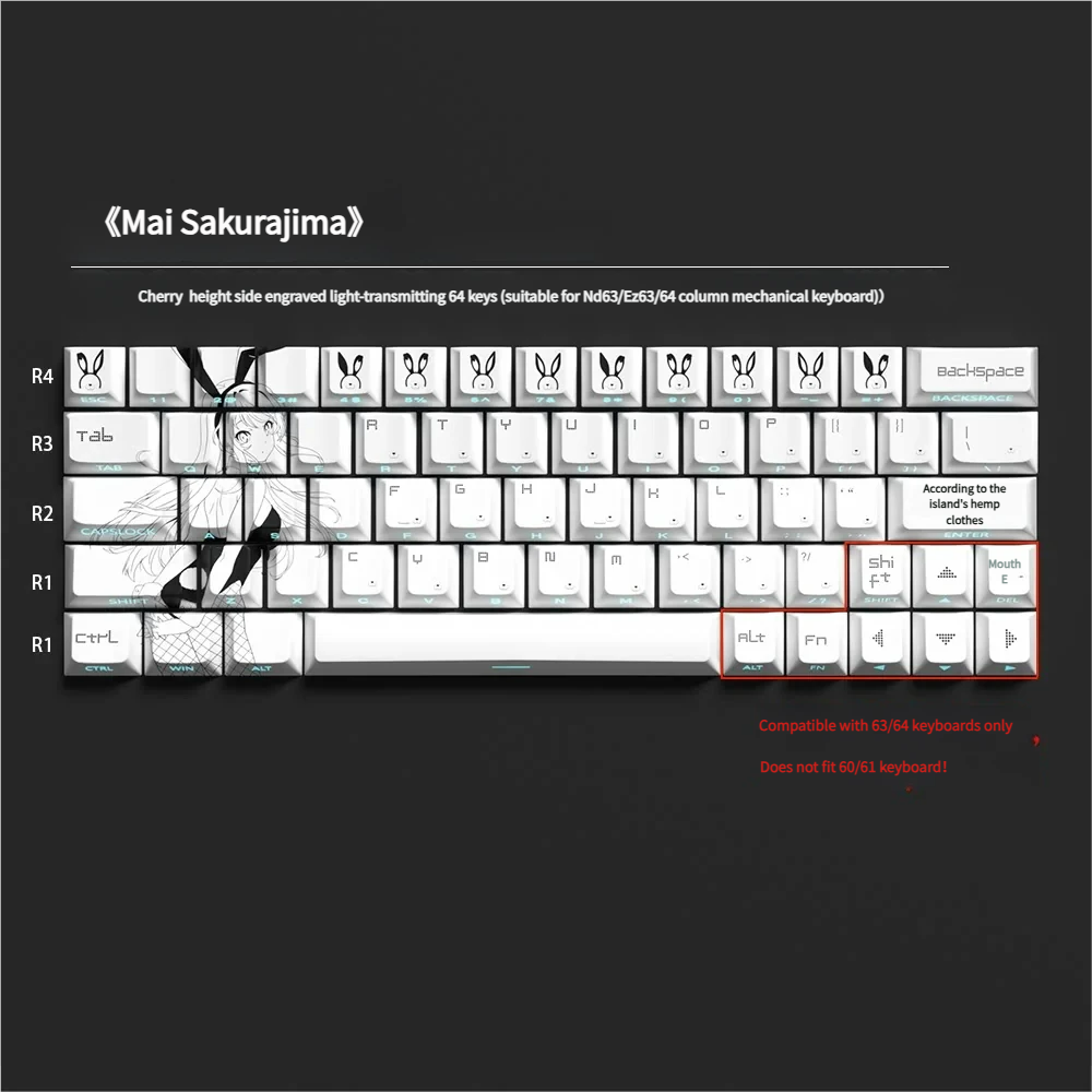 Sleek Mai Sakurajima PBT side-print translucent keycaps set, revealing intricate anime character art and vibrant legends, perfectly backlit by RGB lighting.