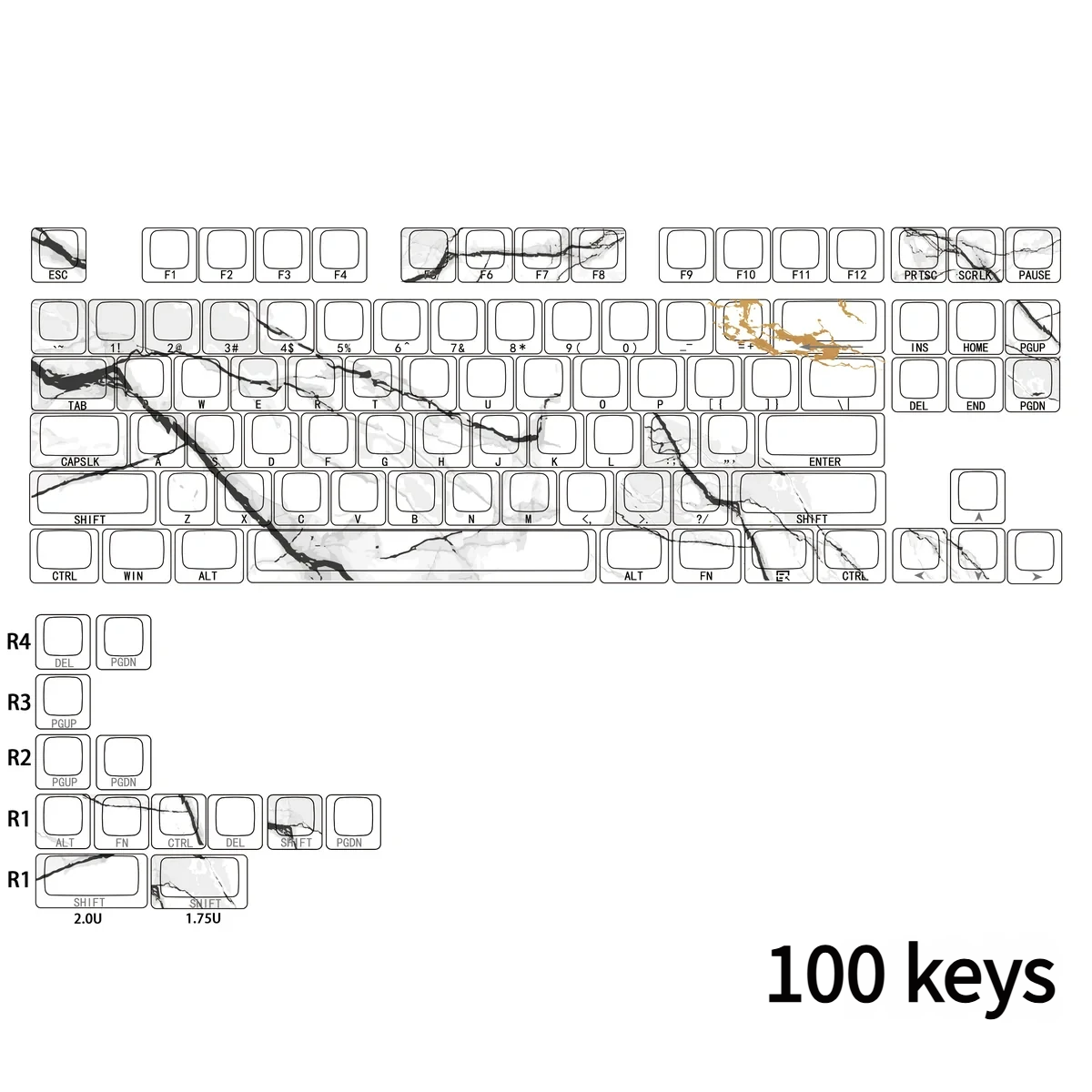 The elegant Marble Keycap Set, featuring a natural marble texture, PBT durability, and crisp side-engraved, backlit legends from multiple angles.