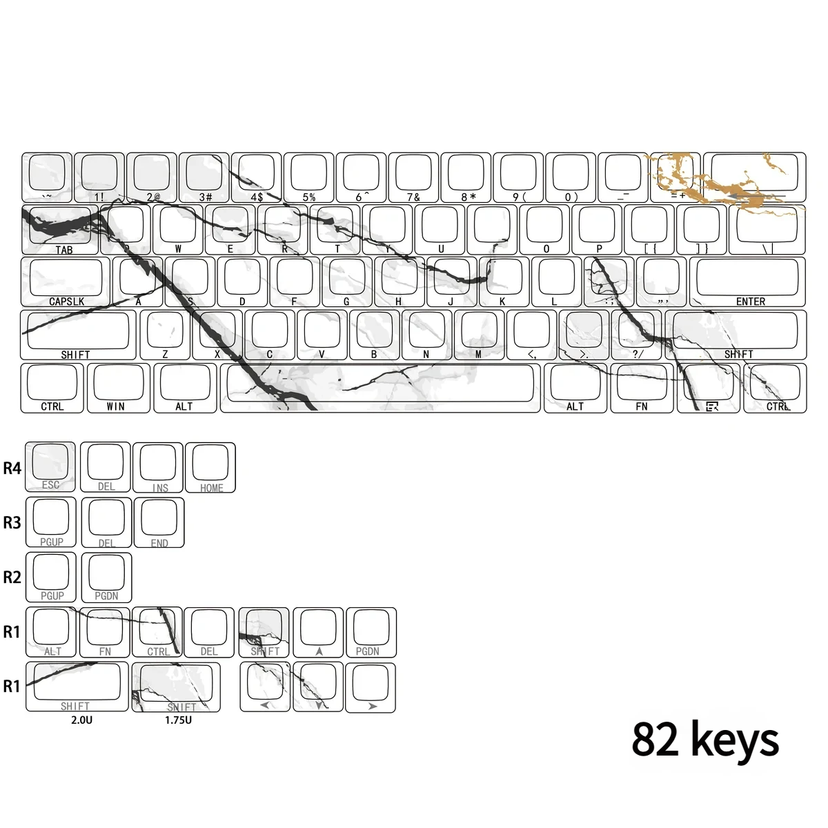 Elegant gallery of side-lit PBT marble keycaps set, showcasing side-engraved legends, natural texture, and subtle backlighting from various angles.