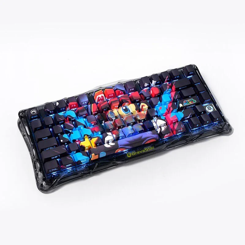 Vibrant Mario Keycaps Set from different angles, highlighting the glowing side-lit PBT legends and classic pixel art characters for a nostalgic gaming vibrant design.