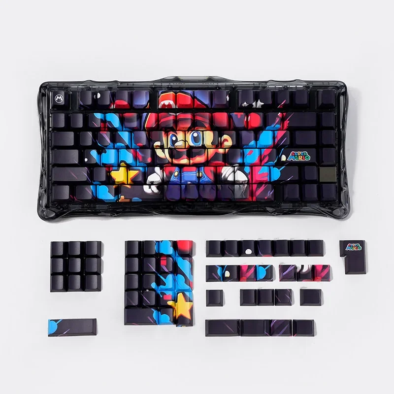 Vibrant Mario PBT keycaps set, featuring classic pixel art and glowing side-engraved legends. Images show the nostalgic design from multiple angles.