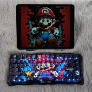 Experience nostalgic Mario Keycaps Set: a vibrant side-lit PBT set showcasing classic pixel art characters glowing playfully.