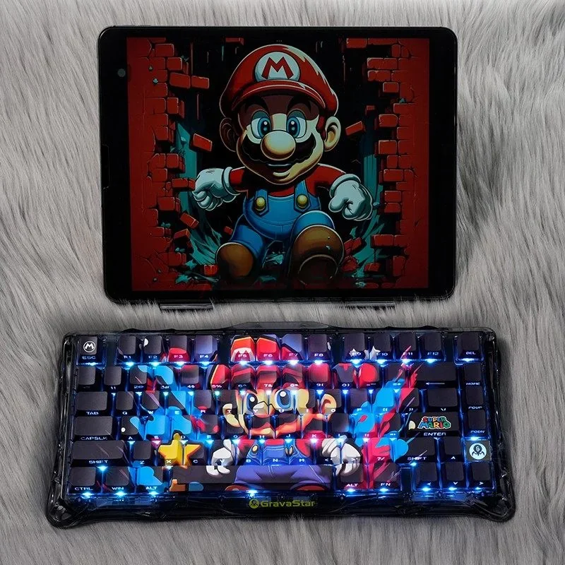 Experience nostalgic Mario Keycaps Set: a vibrant side-lit PBT set showcasing classic pixel art characters glowing playfully.