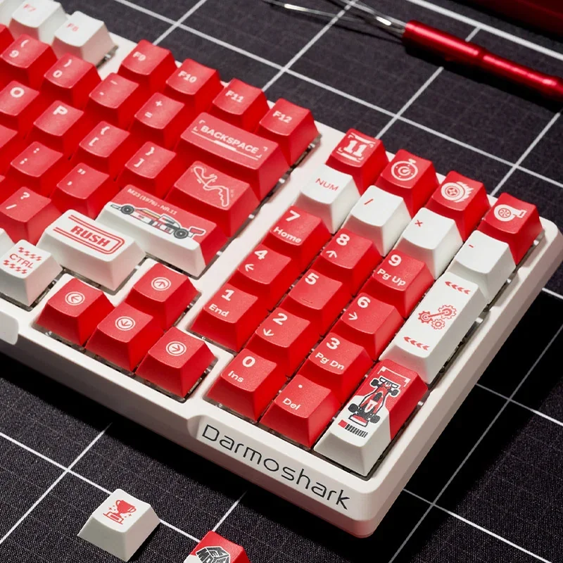 Marlboro F1 Racing PBT gaming keycap set, showcasing its iconic red and white design. Durable PBT material for enhanced gaming with motorsport aesthetic.