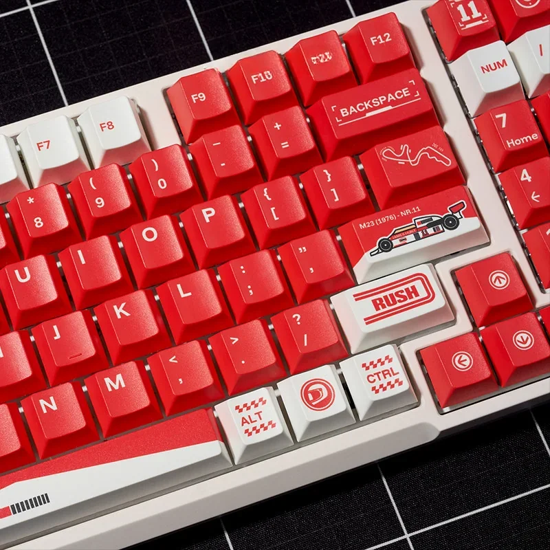 Marlboro F1 Racing PBT Gaming Keycap Set, different angles highlighting the iconic red and white F1 theme and durable PBT. Enhanced for gaming.