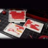 Marlboro F1 Racing PBT gaming keycap set. Bold red and white, iconic motorsport design shown from multiple angles. Durable PBT for enhanced gaming.