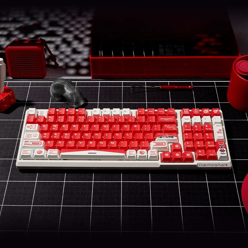 Vibrant Marlboro F1 Racing PBT gaming keycap set in bold red and white, showcasing iconic motorsport branding for durable, enhanced gaming.