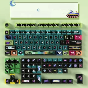 Premium durable PBT Mecha Age keycaps gaming set, showcasing intricate industrial sci-fi robotic designs with a futuristic battlefield aesthetic.