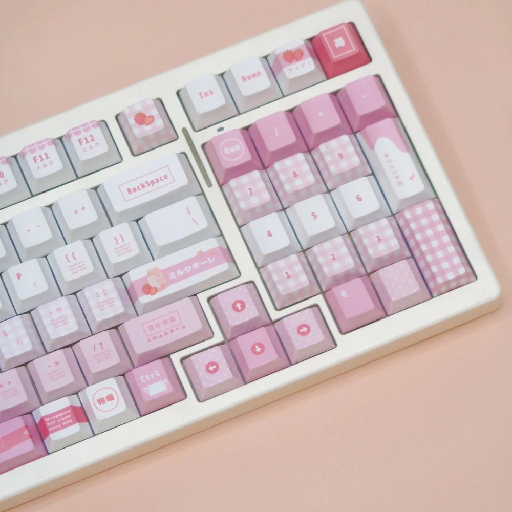 A collection of sweet Meiji Strawberry PBT keycaps set from various angles, showcasing the charming pink and white snack-inspired design.