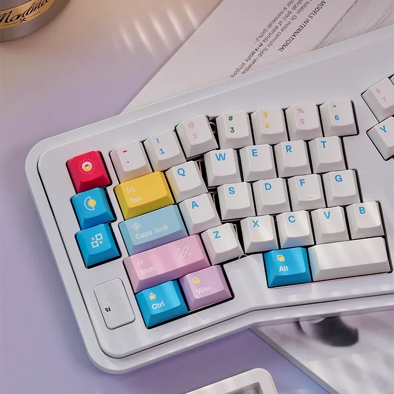 Vibrant Memphis Keycaps Set showcasing bold geometric shapes and contrasting colors from multiple angles, highlighting their playful retro-futurist desk setup.