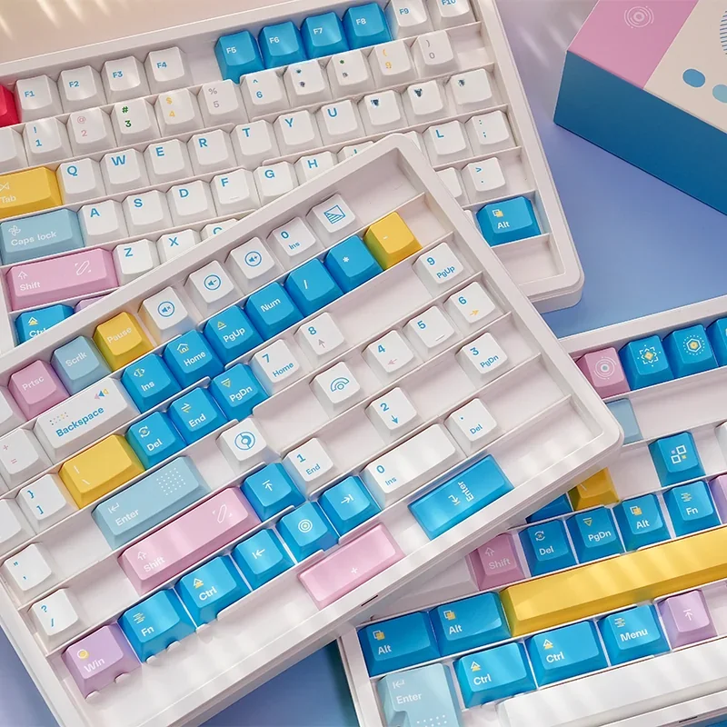 Vibrant Memphis Keycaps Set: retro-futurist desk art showcasing bold geometric shapes, playful patterns, and contrasting colors from multiple angles.