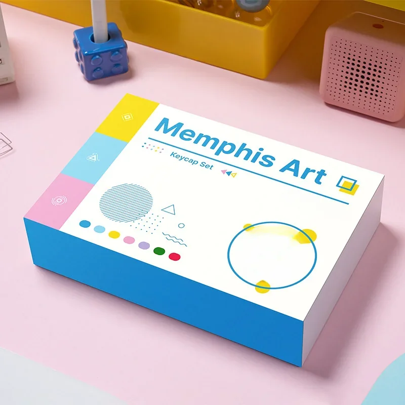 Vibrant Memphis keycaps set showcased from multiple angles, featuring bold geometric shapes and playful contrasting colors for a retro-futurist desk art.