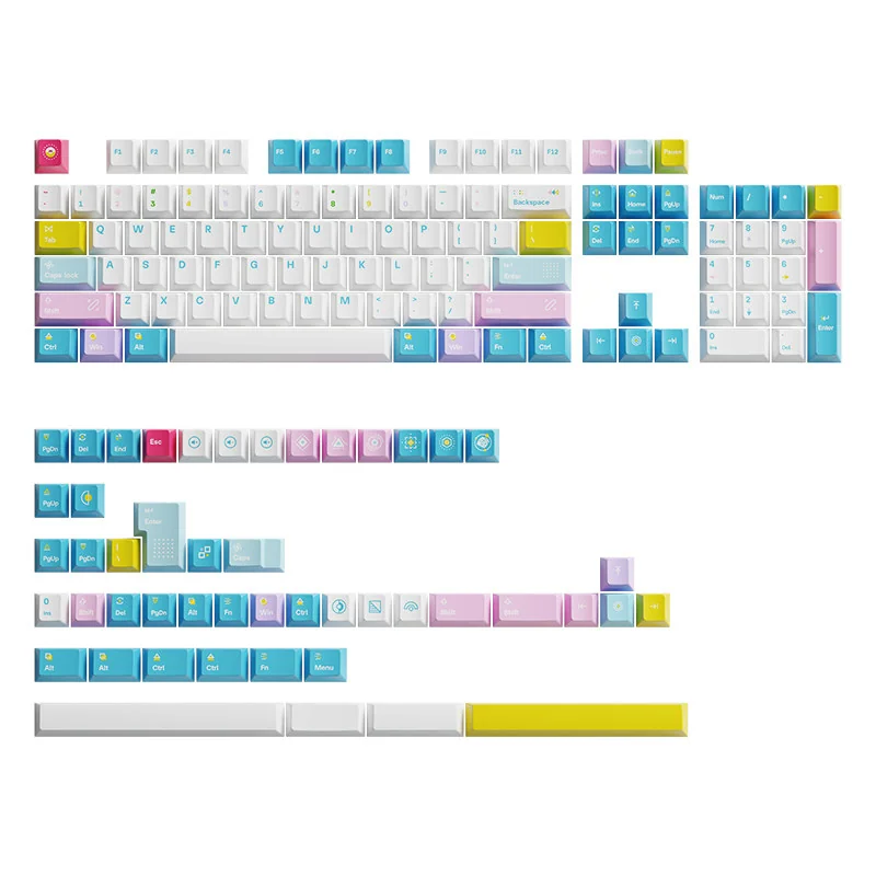 Vibrant Memphis Keycaps Set, retro-futurist desk art. Bold geometric shapes and playful contrasting colors shown from all sides.