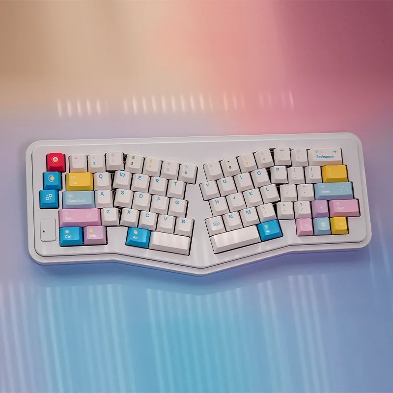 Vibrant Memphis Keycaps Set displaying bold geometric shapes and playful postmodern patterns, perfect retro-futurist desk art.