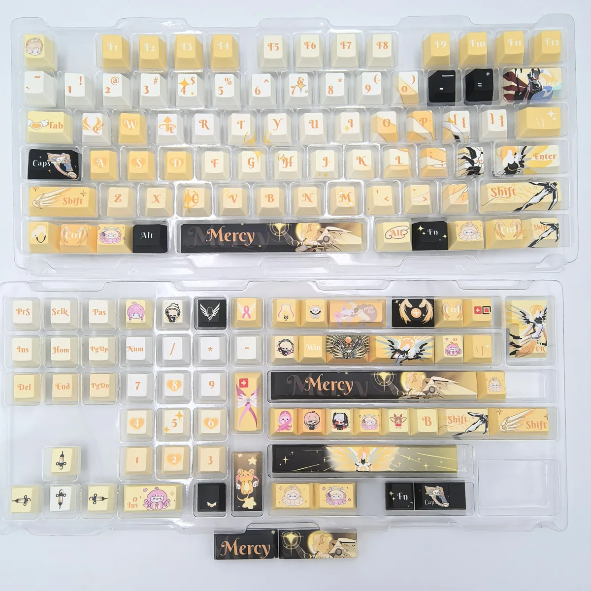 Angelic Mercy Overwatch artisan keycap set gallery, showcasing exquisite white and gold design from multiple elegant angles. A futuristic masterpiece.