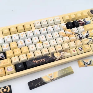 Exquisite Mercy Keycap Set, an angelic Overwatch artisan masterpiece in white and gold, capturing her elegant, futuristic design.
