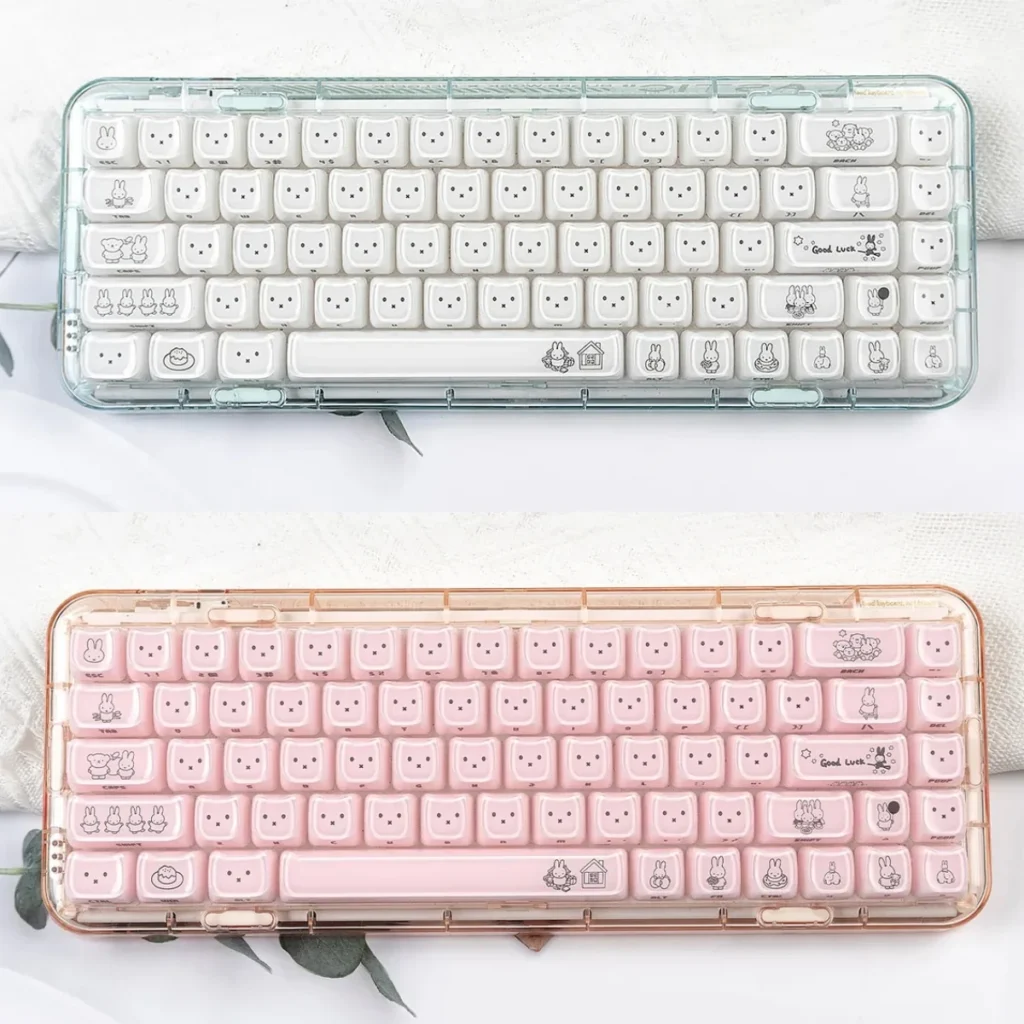 Miffy crystal jelly keycaps set featuring adorable side-engraved Miffy rabbits in translucent pastel pink and white, perfect for a playful keyboard.