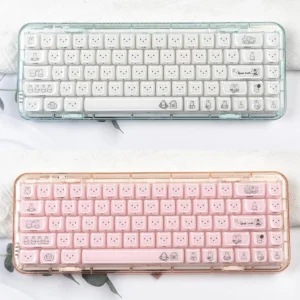 Miffy crystal jelly keycaps set featuring adorable side-engraved Miffy rabbits in translucent pastel pink and white, perfect for a playful keyboard.