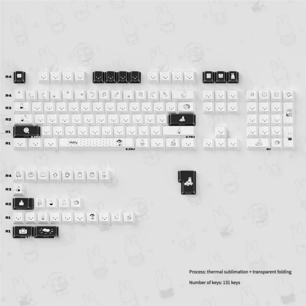Miffy PBT Keycaps Set showcasing artistic translucent side-print Miffy silhouettes in a geometric glow.