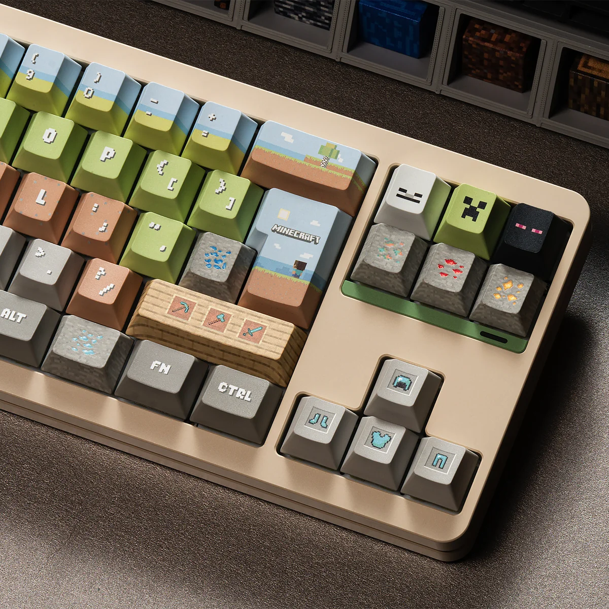 Durable PBT Minecraft pixel art keycaps set displayed from multiple angles, featuring the iconic green block aesthetic for a playful, nostalgic keyboard.